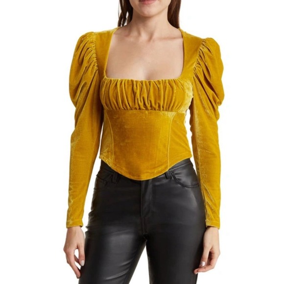 Free People Hold Me Square Neck Mustard Yellow Velvet‎ Blouse Top Size S - Picture 2 of 9